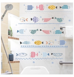 Cartoon fish wall stickers for children's bathroom tiles with ocean wave patterns