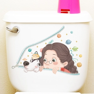 Sticker WC fille et chien husky en PVC imperméable avec motifs de planètes colorées