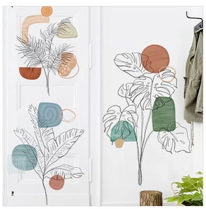 Modern boho wall decals featuring monstera leaves and abstract geometric color blocks