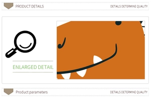 Close-up of orange dinosaur sticker showing the sharp teeth and eye details clearly