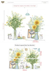 Details zu Cartoon-Katzen und Sonnenblumen Wandstickern mit Maßen und Layout-Informationen