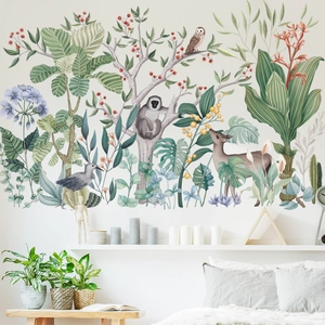 Tropical rainforest wall stickers with cartoon forest animals for kids bedroom decoration