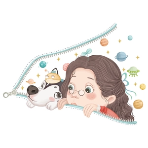 Sticker de toilette cartoon fille et husky avec thème espace et planètes colorées