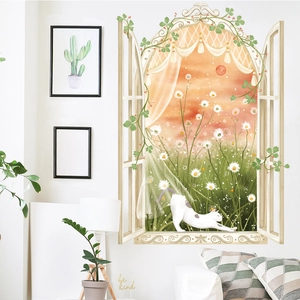 3D cat faux window wall sticker with European vine arch and sunset daisy garden scenery