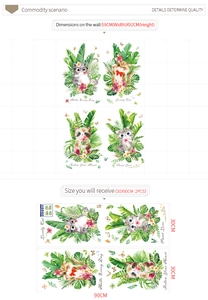 Cartoon cat wall stickers with green leaves and flowers, dimensions 59x92cm on wall