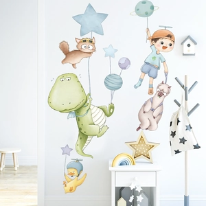Cartoon dinosaur and alpaca wall stickers for nursery decor featuring stars and moon