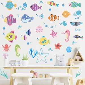 Cartoon Ocean Animal Wall Stickers Colorful Sea Creatures Fish Seahorse Jellyfish PVC Waterproof Decals For Kids Room Nursery Decor