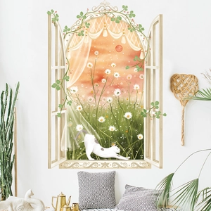 3D cat faux window wall sticker with lush green plants and sunset field scenery