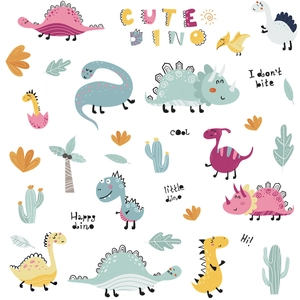 Stickers muraux dinosaures mignons avec plantes tropicales pour décoration chambre d'enfant