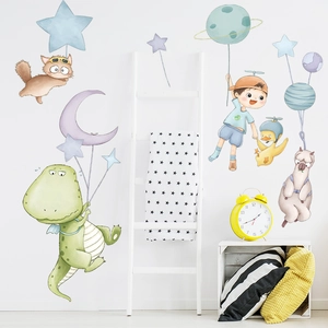 Cartoon dinosaur and cat wall stickers with stars and moon for nursery room decor