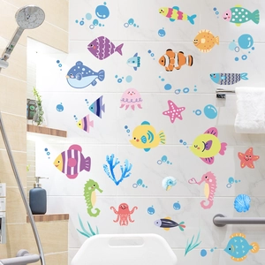 Cartoon ocean fish wall stickers with seahorses and coral for nursery bathroom decor