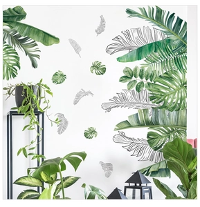 Détail de stickers muraux Monstera tropicaux en styles réaliste et linéaire pour la maison