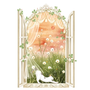 Faux window wall decal with cat and white flowers in a sunset garden view stickers