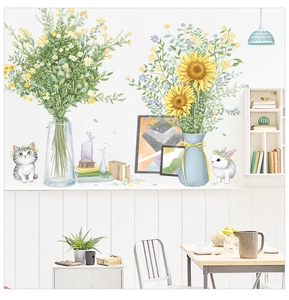 Detailierte Wandsticker mit Cartoon-Katze, Hase und Sonnenblumen in Blumenvasen