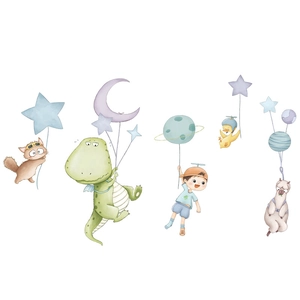 Hand-painted watercolor dinosaur and cat wall decals for kids bedroom decoration