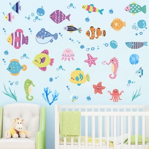 Cartoon ocean fish wall decals for kids room decor featuring colorful sea creatures