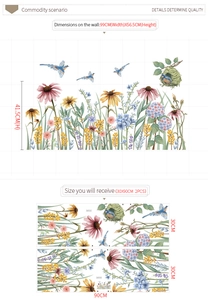 Detail view of floral daisy and bird wall stickers with dimensions and layout for home decor