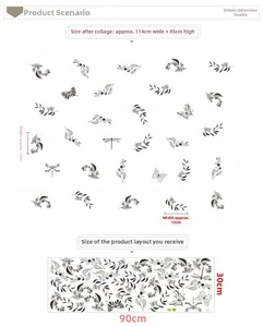 Dimensions détaillées des stickers muraux papillon et feuilles avec mise en page et taille finale