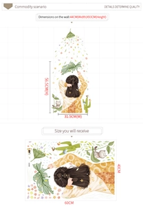 Detail view of girl and plant wall stickers showing simulated size 44x93cm and sheet size 40x60cm
