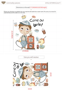 Macro view of cartoon toilet decals featuring a boy, duck and gas pump elements