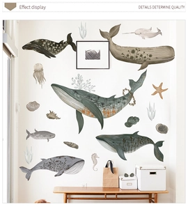Détail de stickers baleine aquarelle avec motifs floraux et vie marine pour décoration
