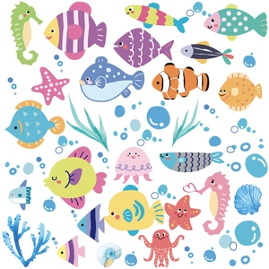 Colorful ocean sea creature wall stickers for kids room featuring cartoon fish and coral