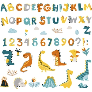 Cartoon dinosaur alphabet and numbers wall stickers set in soft Morandi colors for kids