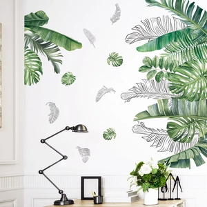 Autocollant Mural Feuilles de Monstera et Bananier Tropical Style Nordique Plante Verte PVC Décalcomanie Amovible Salon