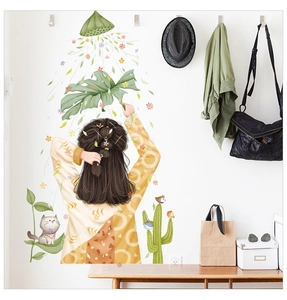 Detail of girl with monstera leaf wall decal sticker for bedroom or bathroom decor