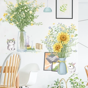 Pastorale Sonnenblumen Vase Wandaufkleber Cartoon Katze Kaninchen Blumenmuster PVC Wasserdicht Abnehmbares Dekor Für Wohnzimmer