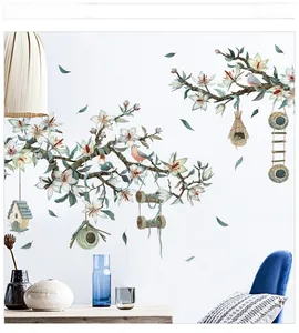 Detail of floral wall decals featuring birds nest and flowers in pastoral style