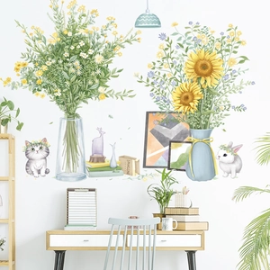 Wandsticker Set mit Cartoon Katze und Sonnenblumen für Wohn- und Schlafzimmer