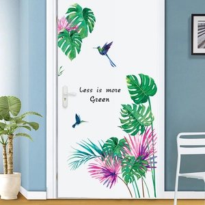 Tropical monstera leaves and hummingbird wall stickers with Less is more Green text
