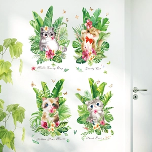 Cute Cartoon Cat Tropical Plant Wall Stickers For Kids Room PVC Waterproof DIY Home Decor Wall Decals Removable Stickers