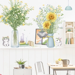 Wandtattoo Set mit Cartoon Katze und Sonnenblumen für moderne Wohnzimmer Deko
