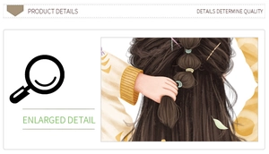 Detail view of cartoon illustration showing a lantern braid hairstyle with hair ties