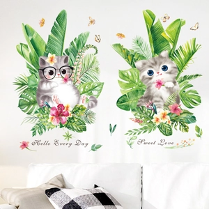 Cartoon cat wall stickers with green tropical leaves and Sweet Love text for room decor