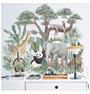Detail view of safari wall decals featuring watercolor giraffe, elephant and jungle leaves