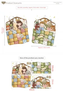 Detailed wall sticker layout showing cute cartoon animals and installation dimensions for kids room