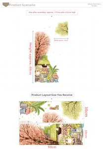Detailed wall sticker layout with pink cherry trees and cartoon dogs size 117x63cm