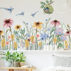 Pastoral Daisy Wildflower Bird Wall Sticker PVC Waterproof Floral Bird Nest Wall Decals For Bedroom Living Room Home Decor