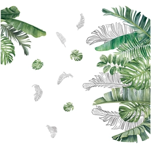 Stickers muraux avec feuilles de monstera et palmier, style aquarelle et dessin au trait