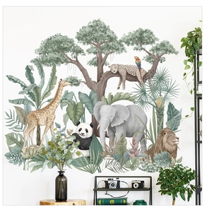 Tropical rainforest wall decal with watercolor giraffes, elephants and jungle leaves