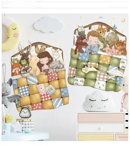 Close-up of cute cartoon animals and children sleeping on a colorful checkered quilt