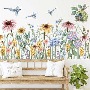 Daisy flowers and birds wall sticker for skirting board decor in watercolor style