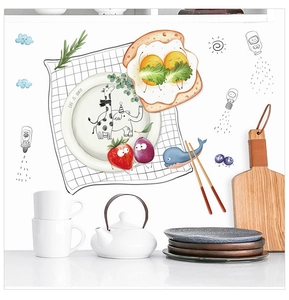 Cartoon kitchen wall decals with cute breakfast and animal motifs on a clean white countertop