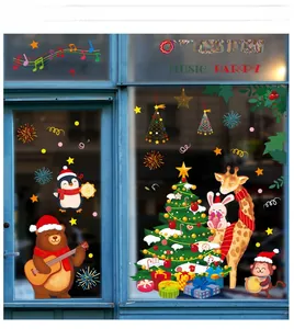 Detailed Christmas music party window decals with colorful cartoon animals and a tree