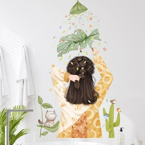 Cute Girl Back View Wall Sticker With Cat Cactus Waterproof PVC Decorative Wall Decal For Girls Room Bathroom Bedroom Home Decor