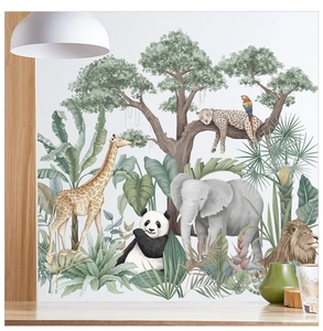 Detail of tropical rainforest wallpaper featuring cartoon animals and greenery in soft colors