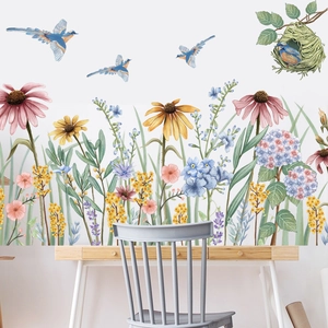 Daisy flower and blue bird wall stickers for bedroom skirting board and wall decor